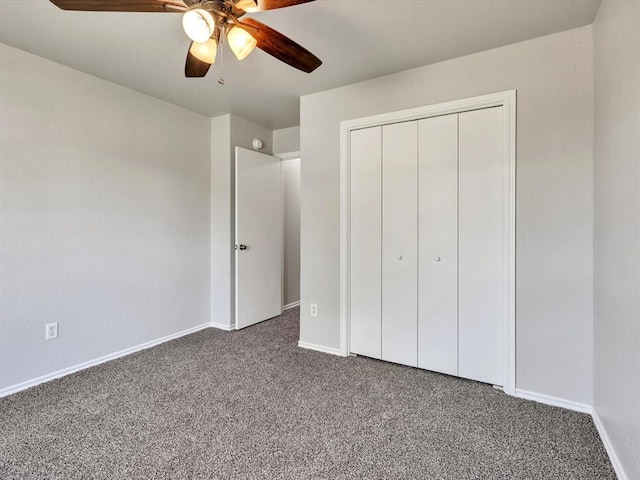 4001 Tori Pl, Yukon, OK 73099 - unfurnished bedroom featuring carpet flooring, a closet, and a ceiling fan
