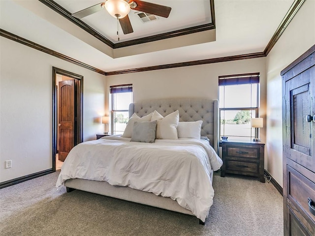 5053 Northridge Run, Cashion, OK 73016 - bedroom featuring light colored carpet, crown molding, ceiling fan, and a tray ceiling