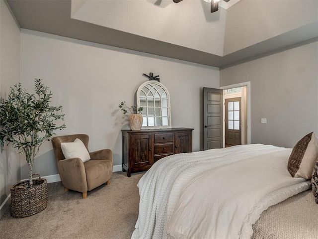 11716 SW 47th St, Mustang, OK 73064 - carpeted bedroom with a ceiling fan and a towering ceiling