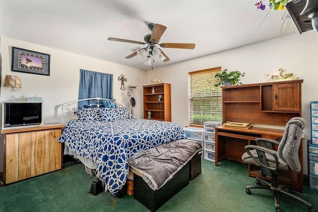 12333 E Tecumseh Rd, Norman, OK 73026 - bedroom featuring dark carpet, an office area, and ceiling fan