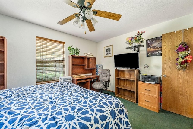 12333 E Tecumseh Rd, Norman, OK 73026 - bedroom with dark carpet and a ceiling fan