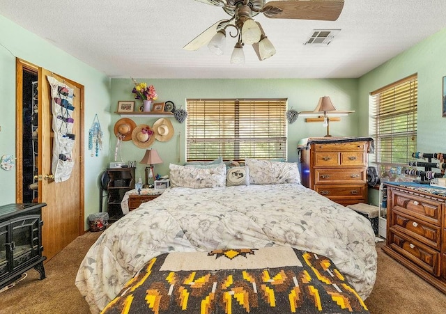 12333 E Tecumseh Rd, Norman, OK 73026 - carpeted bedroom featuring a wood stove, a textured ceiling, and ceiling fan