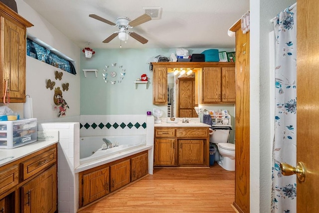 12333 E Tecumseh Rd, Norman, OK 73026 - full bathroom featuring ceiling fan, wood finished floors, vanity, and a tub with jets