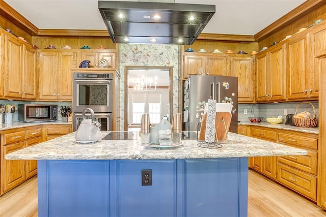 11748 SW 54th St, Mustang, OK 73064 - kitchen with stainless steel appliances, wall chimney range hood, a center island, light stone counters, and crown molding