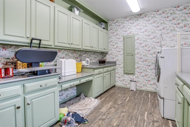 11748 SW 54th St, Mustang, OK 73064 - kitchen featuring green cabinetry, light wood-type flooring, wallpapered walls, and light countertops