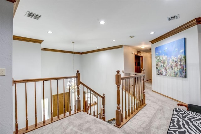 11748 SW 54th St, Mustang, OK 73064 - hallway featuring an upstairs landing, ornamental molding, recessed lighting, and carpet