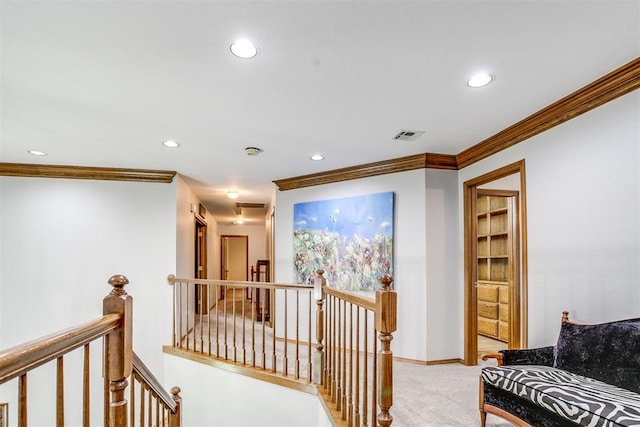 11748 SW 54th St, Mustang, OK 73064 - hall featuring an upstairs landing, light colored carpet, crown molding, and recessed lighting