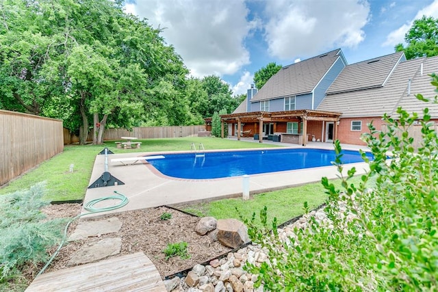 11748 SW 54th St, Mustang, OK 73064 - view of pool featuring a pergola, a fenced backyard, a patio, and a diving board