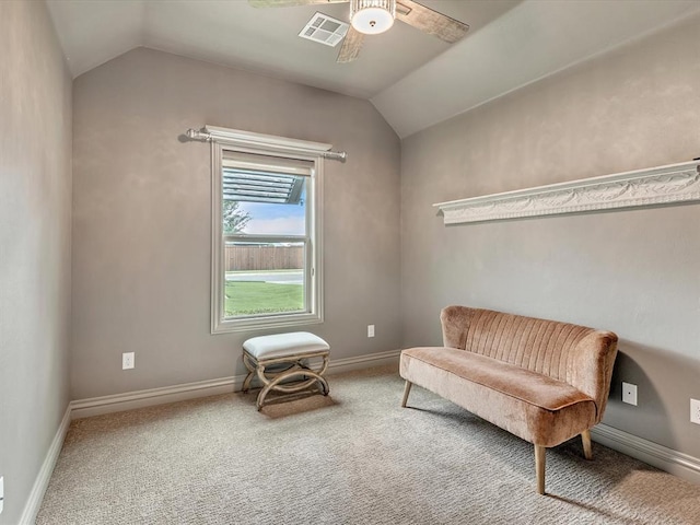 16117 Cale Dr, Edmond, OK 73013 - sitting room with lofted ceiling, a ceiling fan, and carpet flooring
