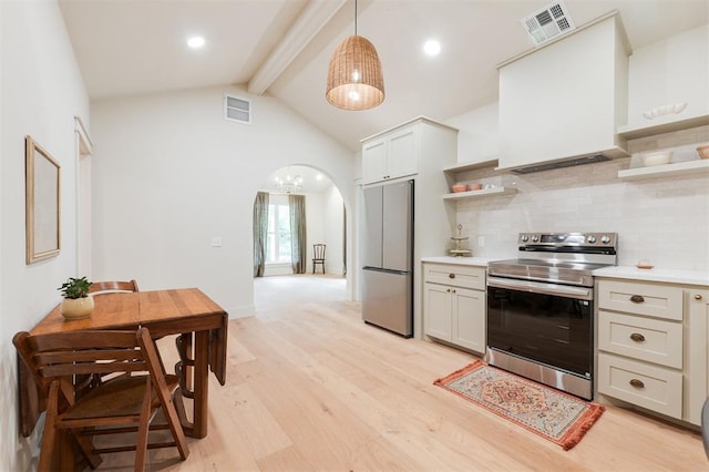 406 E Logan Ave, Guthrie, OK 73044 - kitchen with stainless steel appliances, open shelves, arched walkways, beamed ceiling, and tasteful backsplash
