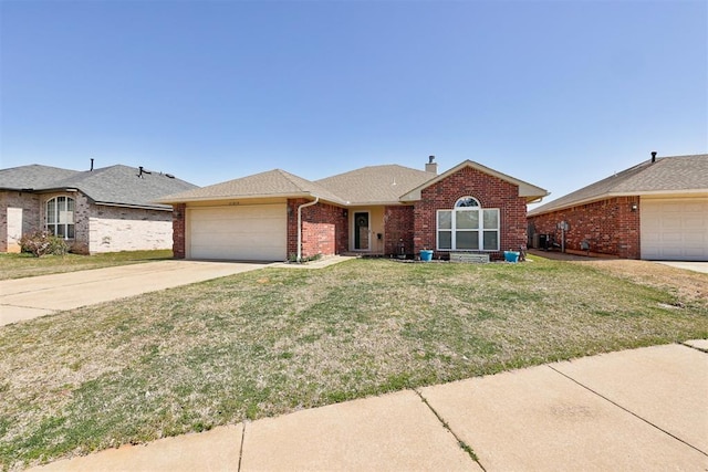 21854 Meadow Mist Cir, Edmond, OK 73012 - view of front facade featuring a garage, brick siding, a front yard, concrete driveway, and a chimney