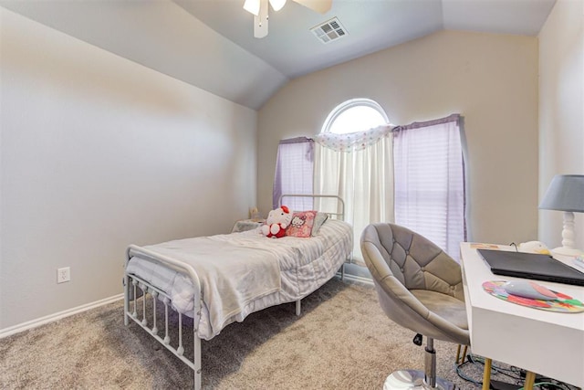 21854 Meadow Mist Cir, Edmond, OK 73012 - bedroom with lofted ceiling, carpet flooring, and a ceiling fan