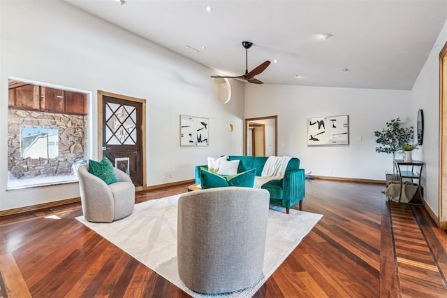 3425 Cheyenne Dr, Edmond, OK 73013 - living room featuring lofted ceiling, a ceiling fan, wood finished floors, and a fireplace
