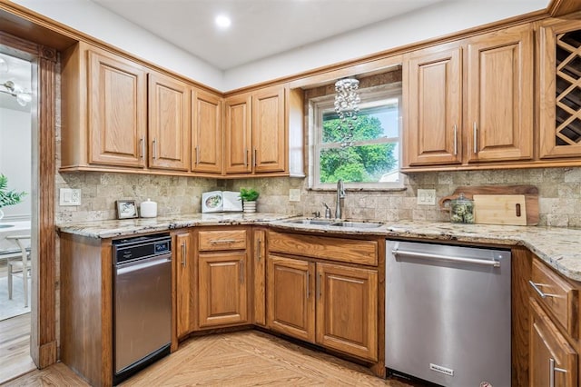 3425 Cheyenne Dr, Edmond, OK 73013 - kitchen featuring dishwasher, tasteful backsplash, light stone countertops, and brown cabinetry
