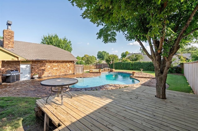 3425 Cheyenne Dr, Edmond, OK 73013 - view of swimming pool with a wooden deck, a fenced backyard, and grilling area