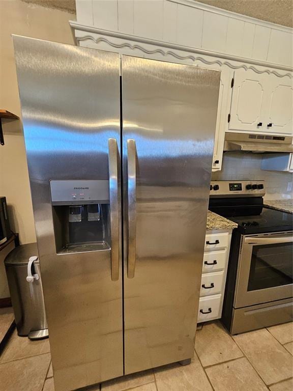 321 W 4th St, Hobart, OK 73651 - kitchen with appliances with stainless steel finishes, under cabinet range hood, white cabinetry, light tile patterned flooring, and decorative backsplash