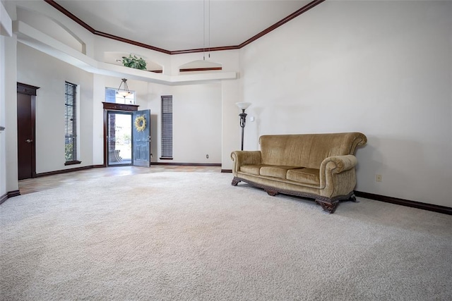 9124 SW 28th St, Oklahoma City, OK 73128 - sitting room with carpet, crown molding, and a towering ceiling