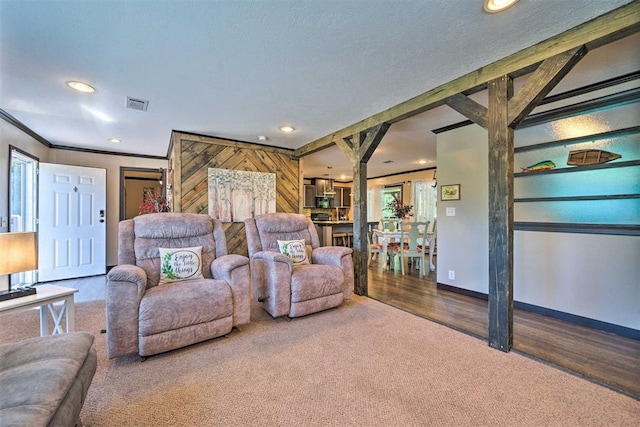 86 Crooked Oaks Ln, Broken Bow, OK 74728 - carpeted living room featuring recessed lighting, wood finished floors, and crown molding