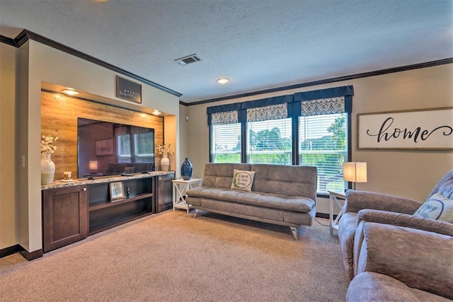 86 Crooked Oaks Ln, Broken Bow, OK 74728 - living area with crown molding, light colored carpet, a textured ceiling, and recessed lighting