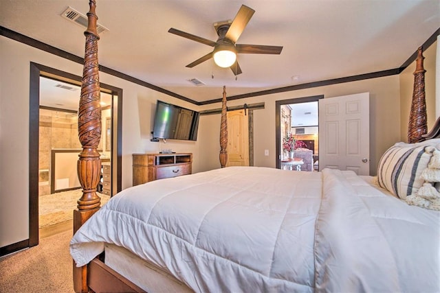 86 Crooked Oaks Ln, Broken Bow, OK 74728 - bedroom featuring a barn door, carpet flooring, ornamental molding, ceiling fan, and ensuite bath