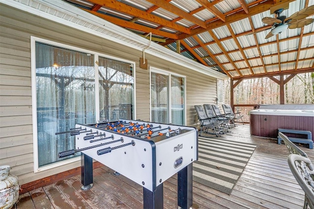 86 Crooked Oaks Ln, Broken Bow, OK 74728 - deck with a hot tub and a ceiling fan