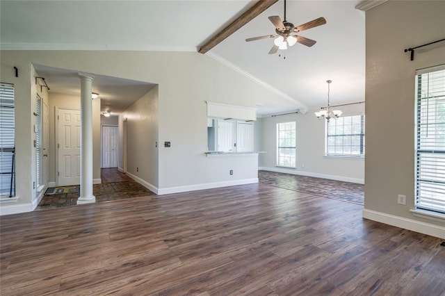 16408 Del Mar Dr, Edmond, OK 73013 - unfurnished living room with decorative columns, dark wood-type flooring, a ceiling fan, a chandelier, and ornamental molding