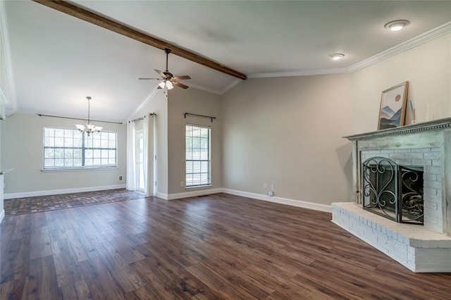 16408 Del Mar Dr, Edmond, OK 73013 - unfurnished living room with plenty of natural light, a fireplace, dark wood-style flooring, and ornamental molding