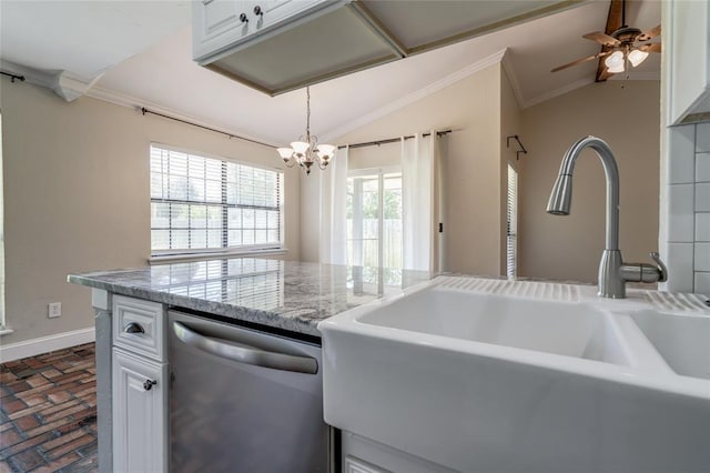 16408 Del Mar Dr, Edmond, OK 73013 - kitchen featuring stainless steel dishwasher, vaulted ceiling, crown molding, brick floors, and a chandelier