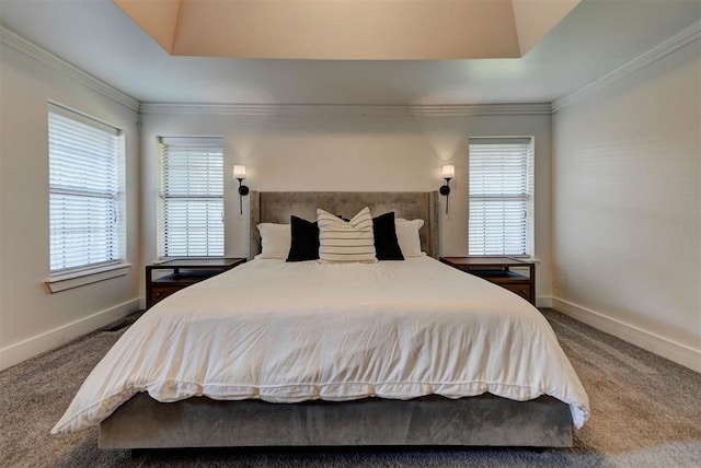 1001 Fountain Gate Cir, Norman, OK 73072 - carpeted bedroom featuring a raised ceiling, multiple windows, and crown molding