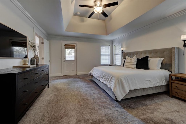 1001 Fountain Gate Cir, Norman, OK 73072 - carpeted bedroom featuring a raised ceiling, ornamental molding, and a ceiling fan