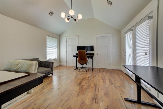 1001 Fountain Gate Cir, Norman, OK 73072 - office area with a chandelier, lofted ceiling, and light wood-style flooring