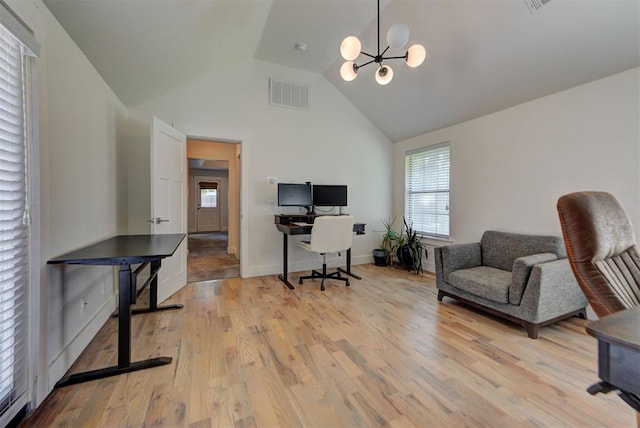 1001 Fountain Gate Cir, Norman, OK 73072 - office area with a chandelier, lofted ceiling, and light wood-type flooring
