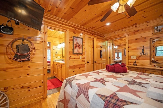 244 Hiddenwater Rd, Broken Bow, OK 74728 - bedroom featuring wood walls, light wood-type flooring, wooden ceiling, and recessed lighting