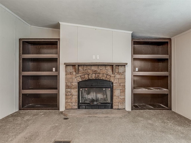 355370 E 970th Rd, Sparks, OK 74869 - unfurnished living room with carpet, a stone fireplace, and crown molding