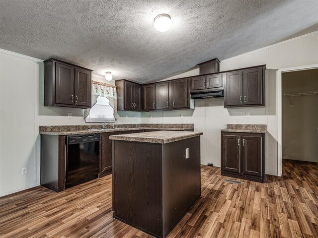 355370 E 970th Rd, Sparks, OK 74869 - kitchen featuring dishwasher, dark wood-style flooring, dark brown cabinetry, a textured ceiling, and a center island