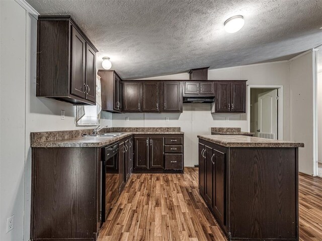 355370 E 970th Rd, Sparks, OK 74869 - kitchen featuring light wood-type flooring, dark brown cabinets, under cabinet range hood, a textured ceiling, and black dishwasher