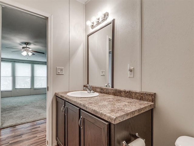355370 E 970th Rd, Sparks, OK 74869 - bathroom featuring vanity, ceiling fan, and wood finished floors