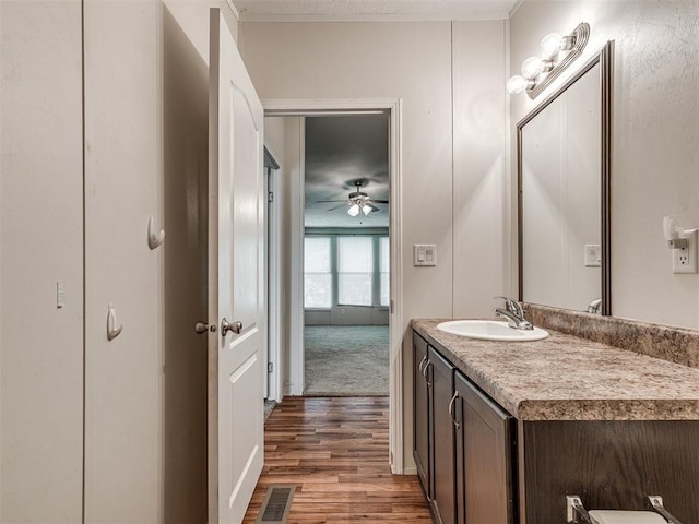 355370 E 970th Rd, Sparks, OK 74869 - bathroom featuring vanity, wood finished floors, and ceiling fan