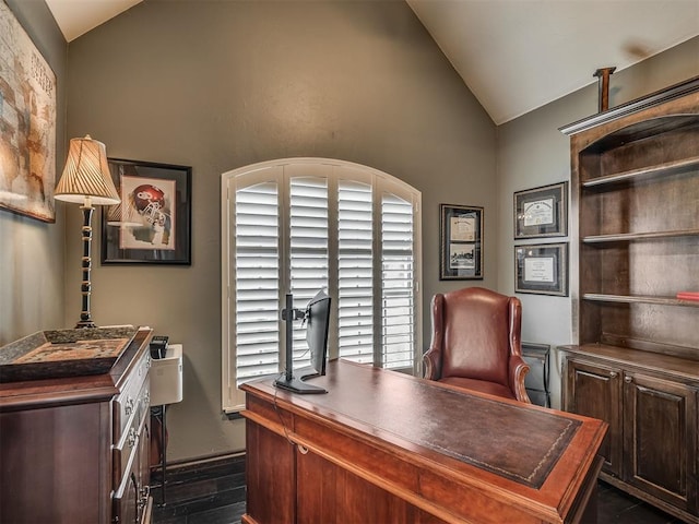 16208 Windrush Pl, Edmond, OK 73013 - office with lofted ceiling and dark wood-type flooring