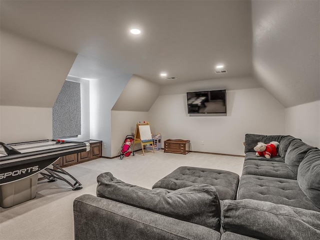 16208 Windrush Pl, Edmond, OK 73013 - living room featuring light colored carpet, vaulted ceiling, and recessed lighting