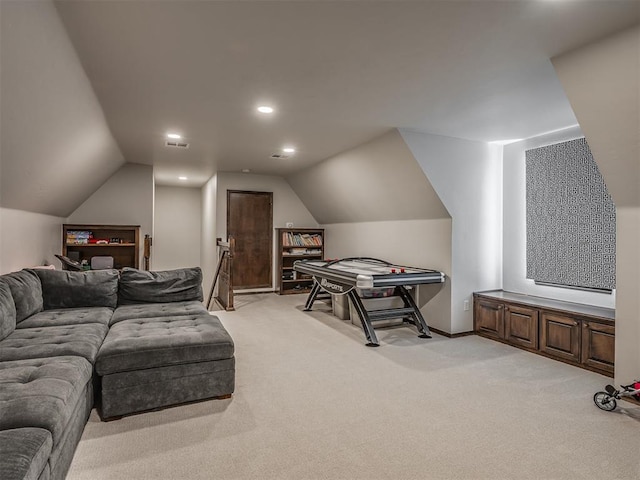 16208 Windrush Pl, Edmond, OK 73013 - home theater featuring light carpet, lofted ceiling, and recessed lighting