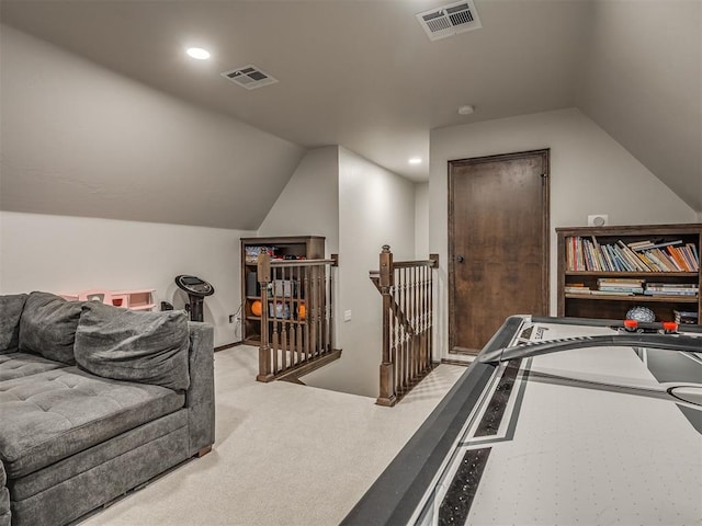 16208 Windrush Pl, Edmond, OK 73013 - recreation room featuring lofted ceiling, carpet, and recessed lighting