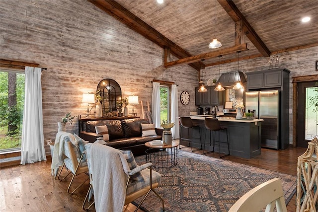 180 Black Jack Trl, Hochatown, OK 74728 - living room with a wooden ceiling with exposed beams, dark wood finished floors, and high vaulted ceiling