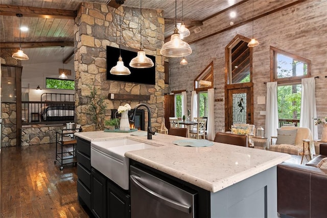 180 Black Jack Trl, Hochatown, OK 74728 - kitchen with dishwasher, a wooden ceiling with exposed beams, open floor plan, high vaulted ceiling, and dark wood-type flooring