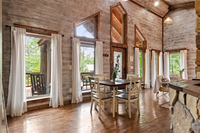 180 Black Jack Trl, Hochatown, OK 74728 - dining space with high vaulted ceiling, plenty of natural light, hardwood / wood-style floors, and wooden walls