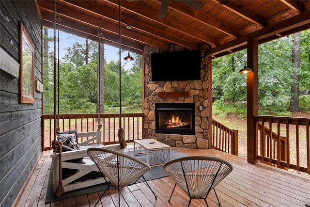 180 Black Jack Trl, Hochatown, OK 74728 - wooden terrace with an outdoor living space with a fireplace