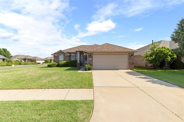 2321 NW 162nd Ter, Edmond, OK 73013 - ranch-style house with brick siding, an attached garage, a front lawn, and driveway