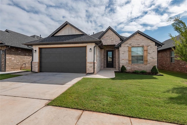 1224 Colonial Ave, Tuttle, OK 73089 - view of front of property with board and batten siding, an attached garage, brick siding, concrete driveway, and a front yard