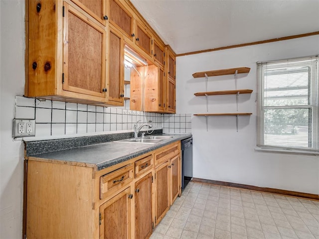 2713 S Glenn Ave, Del City, OK 73115 - kitchen with dark countertops, tasteful backsplash, black dishwasher, open shelves, and brown cabinets