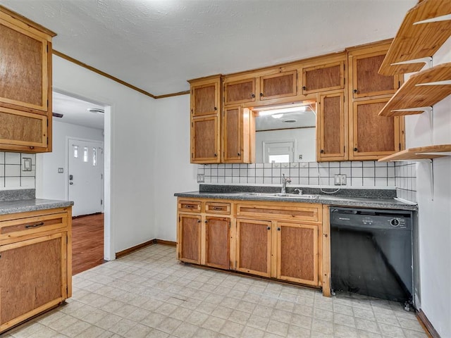 2713 S Glenn Ave, Del City, OK 73115 - kitchen with black dishwasher, dark countertops, light flooring, decorative backsplash, and ornamental molding